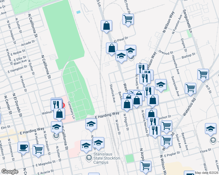 map of restaurants, bars, coffee shops, grocery stores, and more near 1728 Stanford Avenue in Stockton