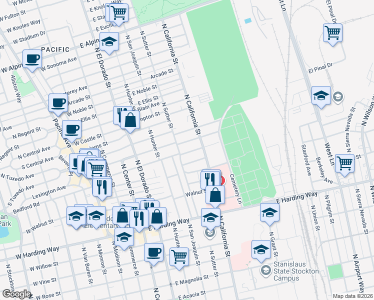 map of restaurants, bars, coffee shops, grocery stores, and more near 410 East Wyandotte Street in Stockton