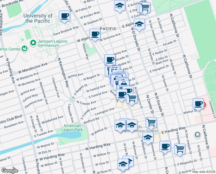 map of restaurants, bars, coffee shops, grocery stores, and more near 232 Central Court in Stockton