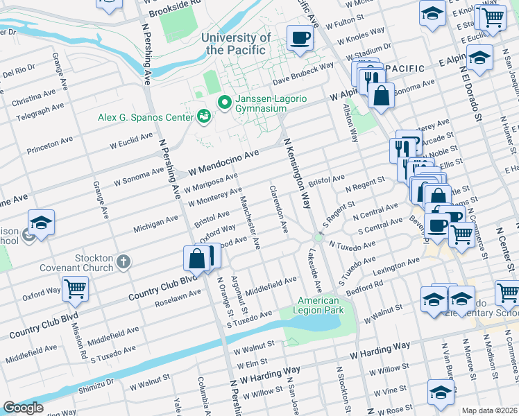 map of restaurants, bars, coffee shops, grocery stores, and more near 1001 Oxford Way in Stockton