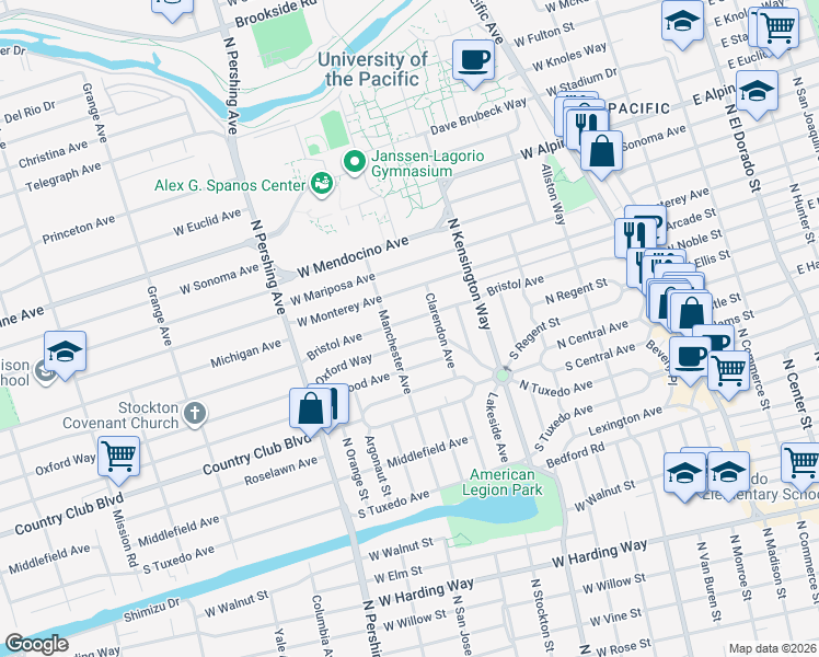 map of restaurants, bars, coffee shops, grocery stores, and more near 1001 Oxford Way in Stockton