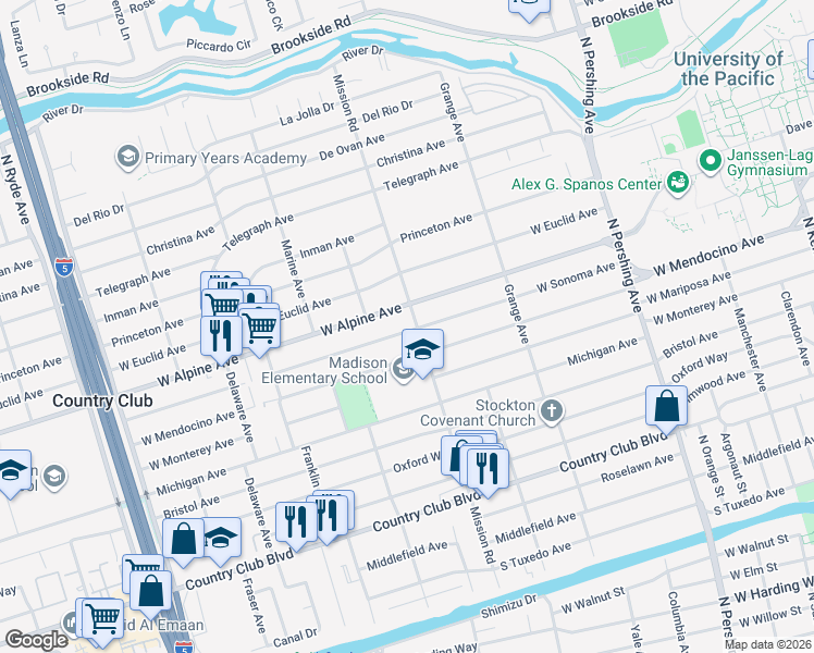 map of restaurants, bars, coffee shops, grocery stores, and more near in Stockton