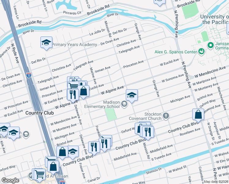 map of restaurants, bars, coffee shops, grocery stores, and more near 1966 West Alpine Avenue in Stockton