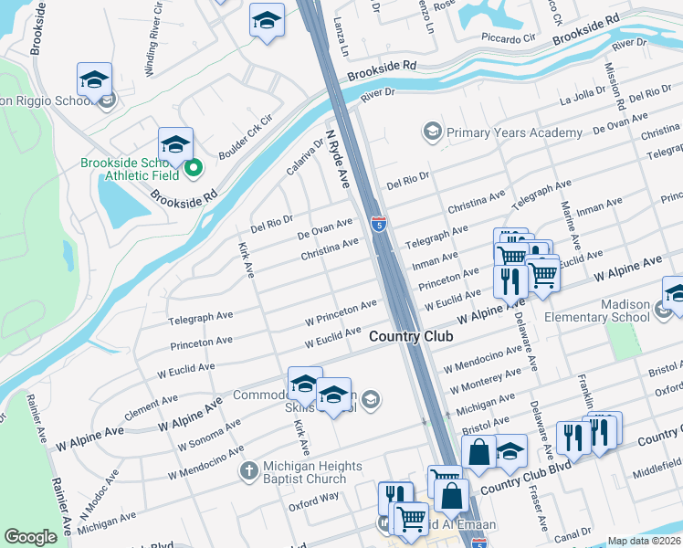 map of restaurants, bars, coffee shops, grocery stores, and more near 2746 Telegraph Avenue in Stockton