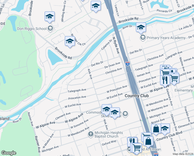 map of restaurants, bars, coffee shops, grocery stores, and more near 2925 Telegraph Avenue in Stockton