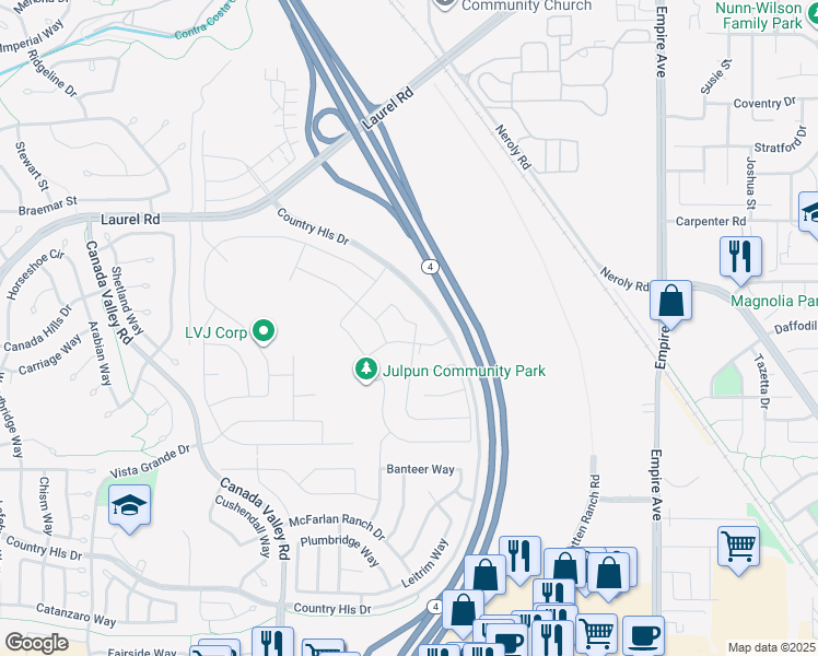 map of restaurants, bars, coffee shops, grocery stores, and more near John Marsh Heritage Highway in Brentwood