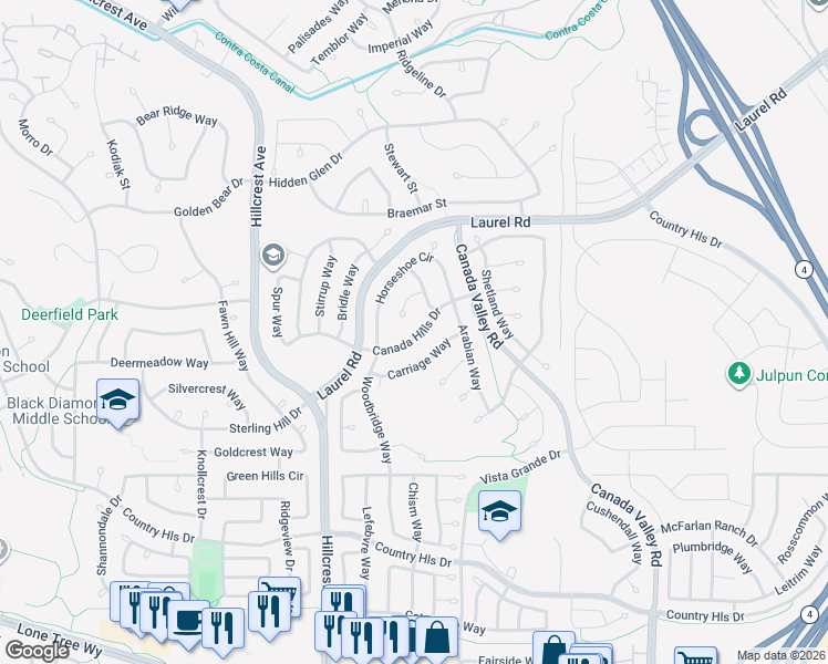 map of restaurants, bars, coffee shops, grocery stores, and more near 5120 Canada Hills Drive in Antioch
