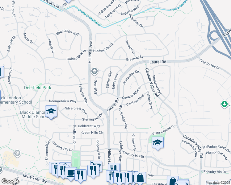 map of restaurants, bars, coffee shops, grocery stores, and more near 5033 Bridle Way in Antioch