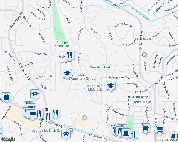 map of restaurants, bars, coffee shops, grocery stores, and more near 4411 Caribou Court in Antioch
