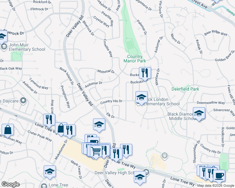 map of restaurants, bars, coffee shops, grocery stores, and more near 2626 Whitetail Court in Antioch