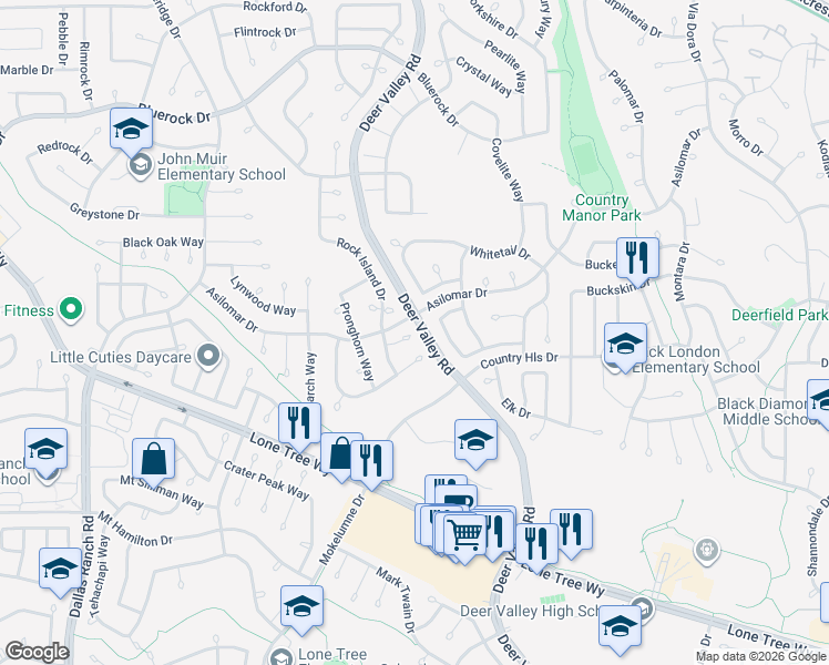 map of restaurants, bars, coffee shops, grocery stores, and more near 2416 Hooftrail Way in Antioch