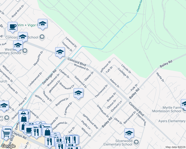 map of restaurants, bars, coffee shops, grocery stores, and more near 1793 Leewood Place in Concord