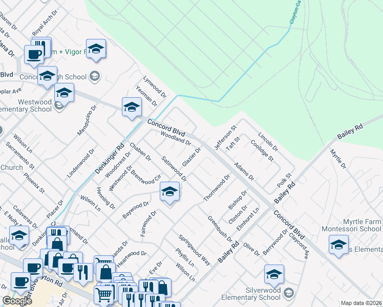 map of restaurants, bars, coffee shops, grocery stores, and more near 1789 Glazier Drive in Concord
