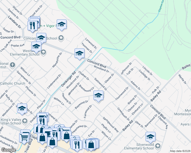 map of restaurants, bars, coffee shops, grocery stores, and more near 1774 Rockwood Place in Concord