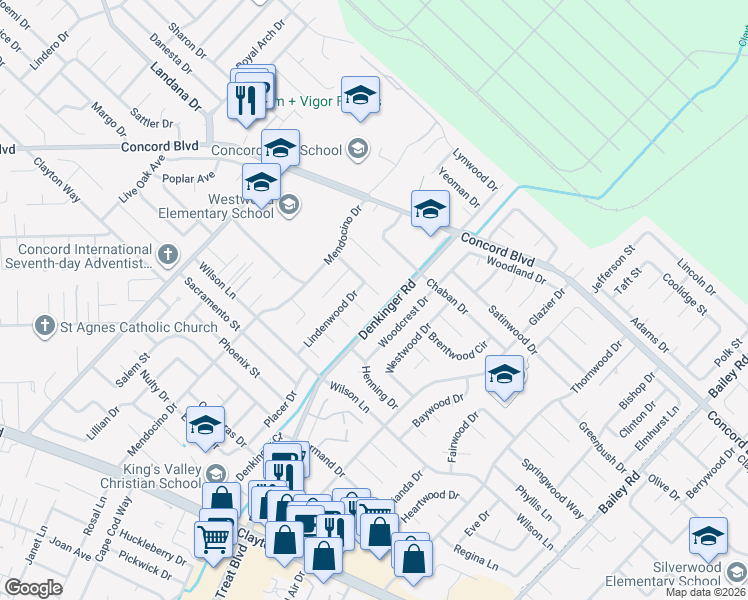 map of restaurants, bars, coffee shops, grocery stores, and more near 4293 Cherrywood Court in Concord