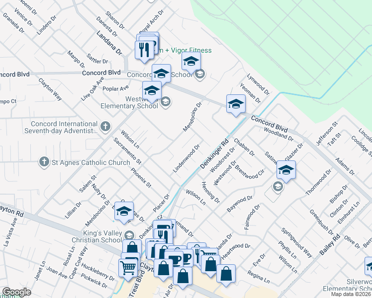 map of restaurants, bars, coffee shops, grocery stores, and more near 1695 Lindenwood Drive in Concord