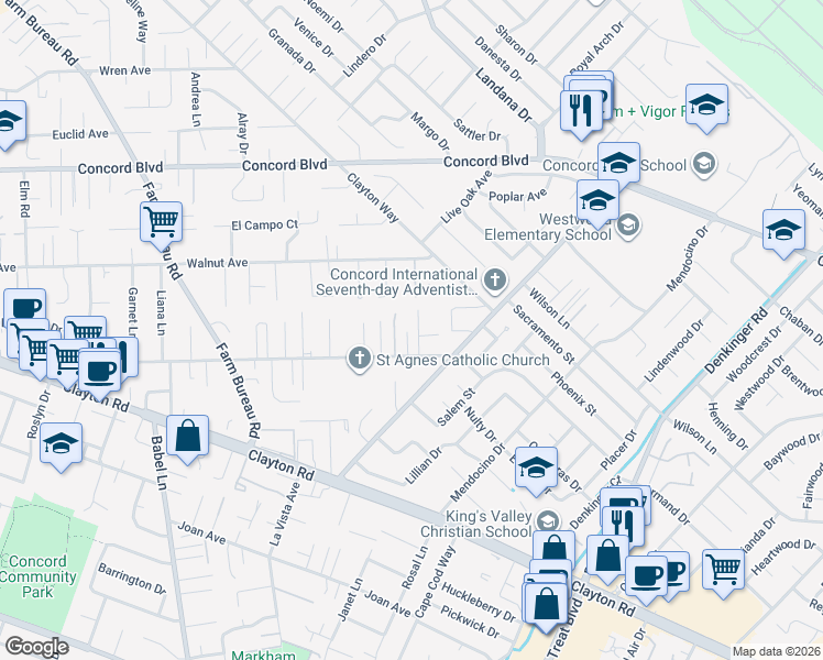 map of restaurants, bars, coffee shops, grocery stores, and more near 4029 Chestnut Avenue in Concord