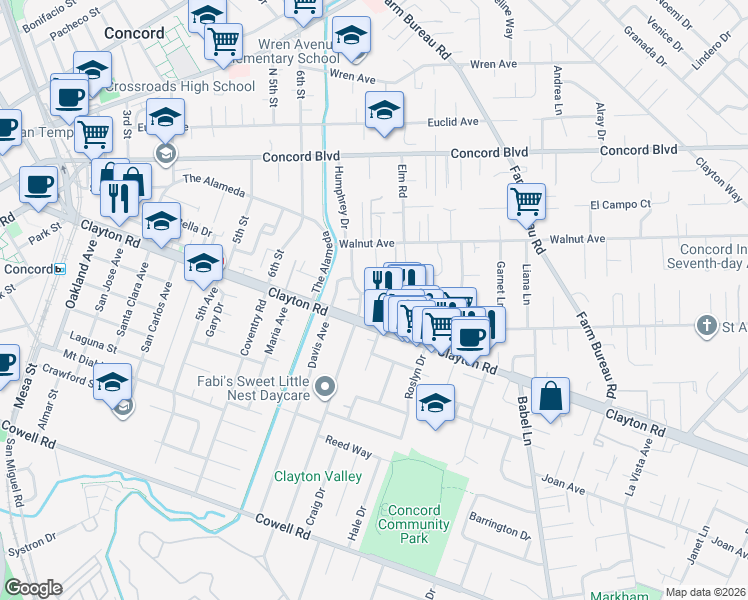 map of restaurants, bars, coffee shops, grocery stores, and more near 1506 Grove Way in Concord
