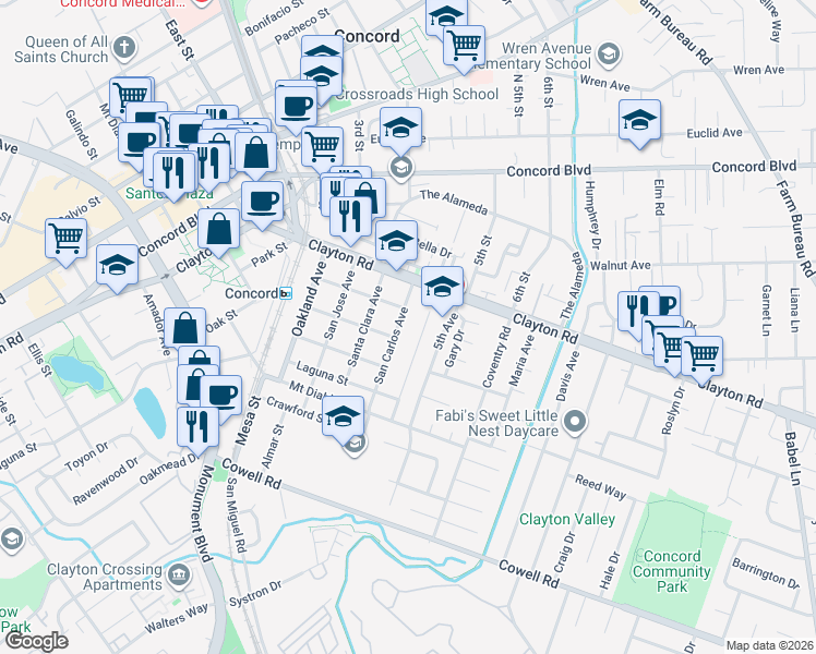 map of restaurants, bars, coffee shops, grocery stores, and more near 2999 Atlantic Street in Concord