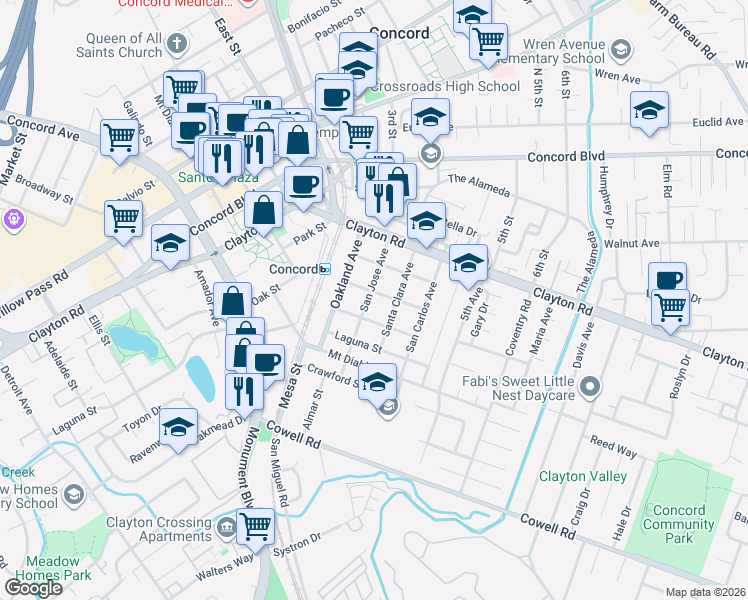 map of restaurants, bars, coffee shops, grocery stores, and more near 2880 Atlantic Street in Concord