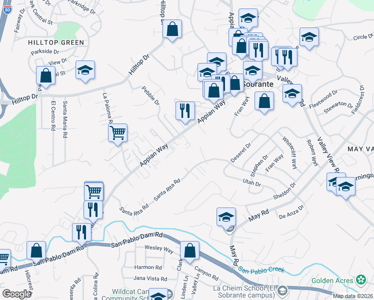 map of restaurants, bars, coffee shops, grocery stores, and more near 4744 Appian Way in El Sobrante