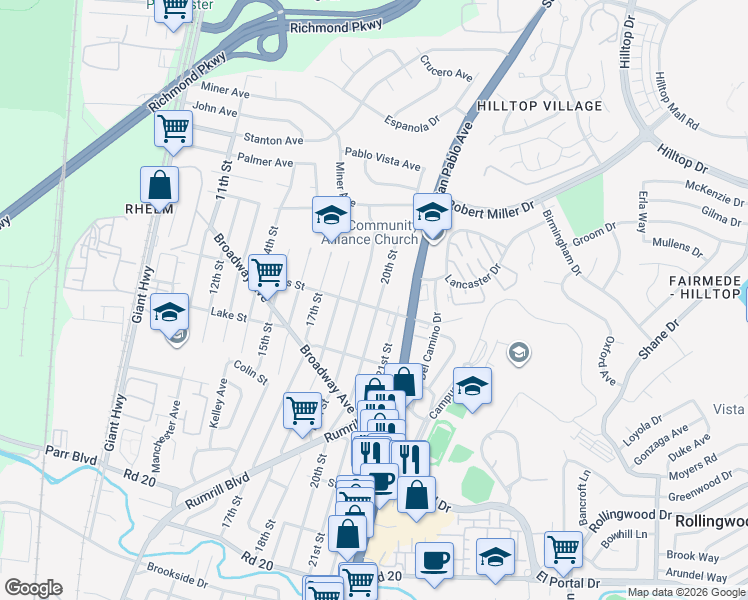 map of restaurants, bars, coffee shops, grocery stores, and more near 2005 Rivers Street in San Pablo