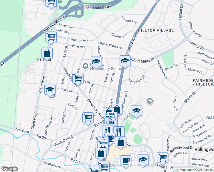 map of restaurants, bars, coffee shops, grocery stores, and more near 2005 Rivers Street in San Pablo