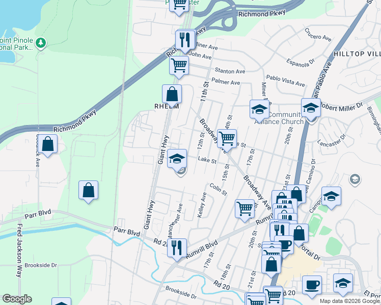 map of restaurants, bars, coffee shops, grocery stores, and more near 2805 12th Street in San Pablo