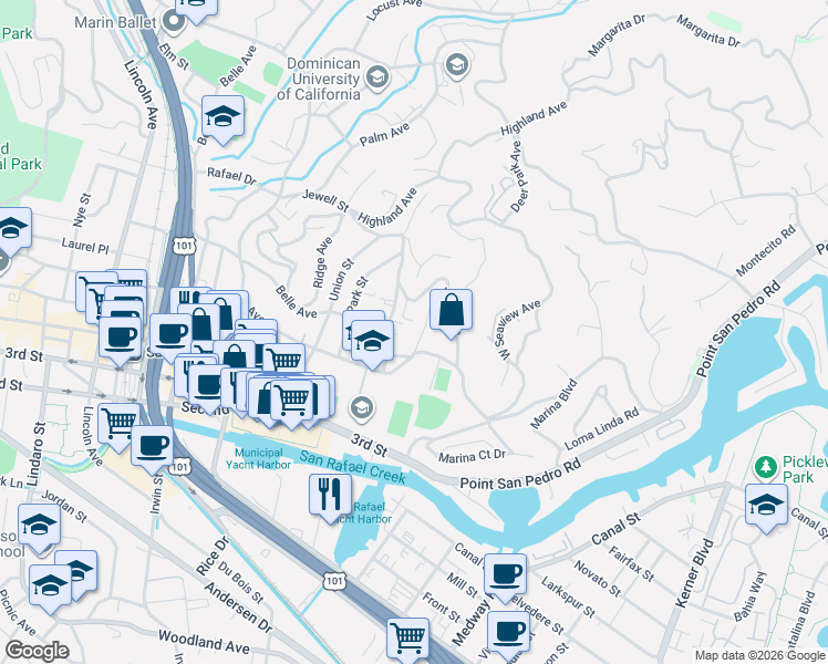 map of restaurants, bars, coffee shops, grocery stores, and more near 31 Belle Avenue in San Rafael