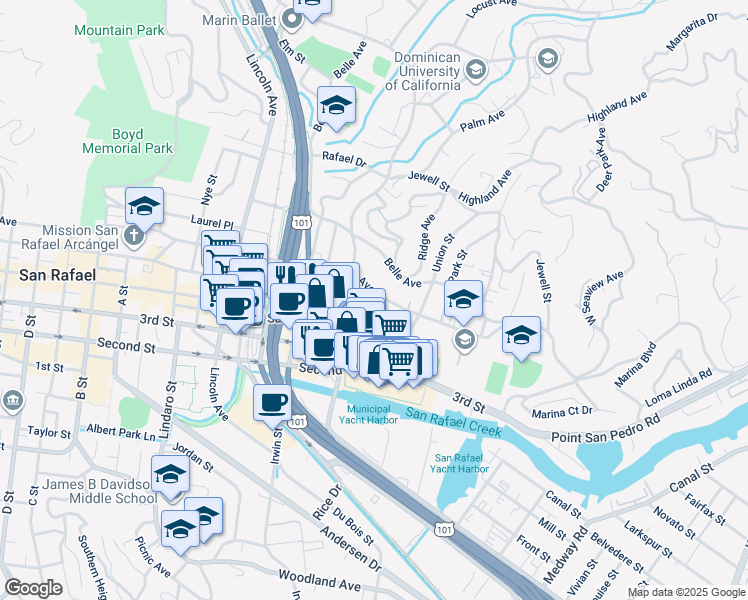 map of restaurants, bars, coffee shops, grocery stores, and more near 50 Mary Street in San Rafael