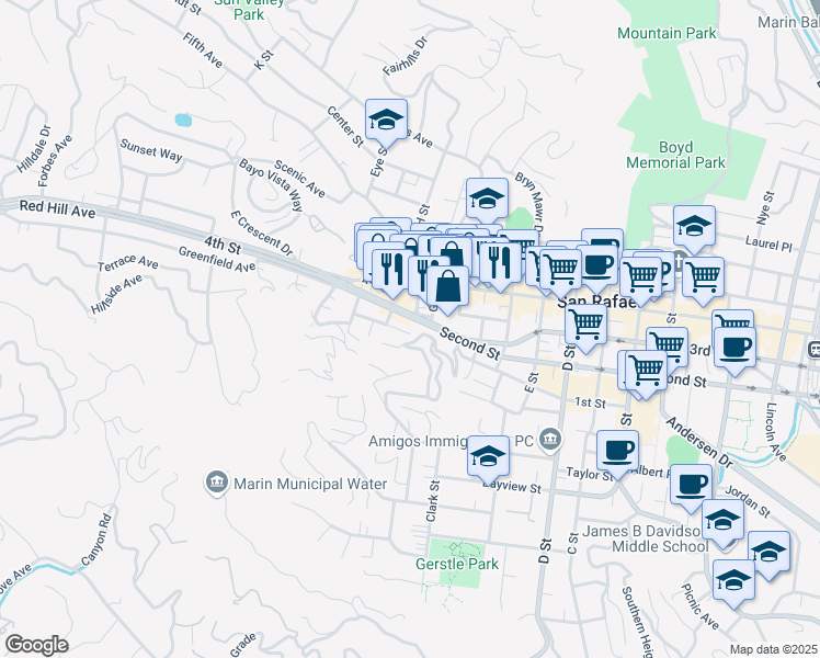 map of restaurants, bars, coffee shops, grocery stores, and more near 79 Miramar Avenue in San Rafael