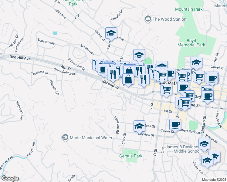 map of restaurants, bars, coffee shops, grocery stores, and more near 15 Jessup Street in San Rafael