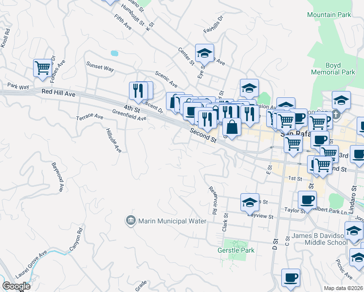 map of restaurants, bars, coffee shops, grocery stores, and more near 24 Fremont Road in San Rafael