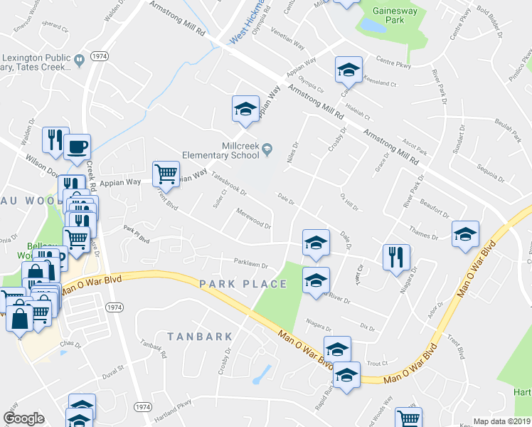 map of restaurants, bars, coffee shops, grocery stores, and more near 1168 Tatesbrook Drive in Lexington