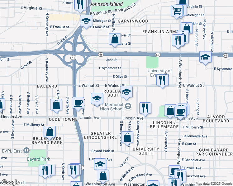 map of restaurants, bars, coffee shops, grocery stores, and more near 425 Lodge Avenue in Evansville
