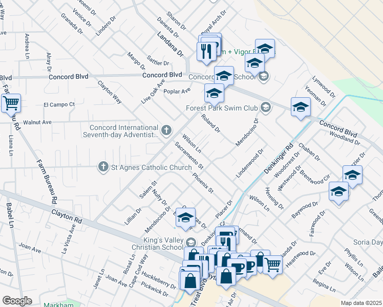 map of restaurants, bars, coffee shops, grocery stores, and more near 4045 Sacramento Street in Concord