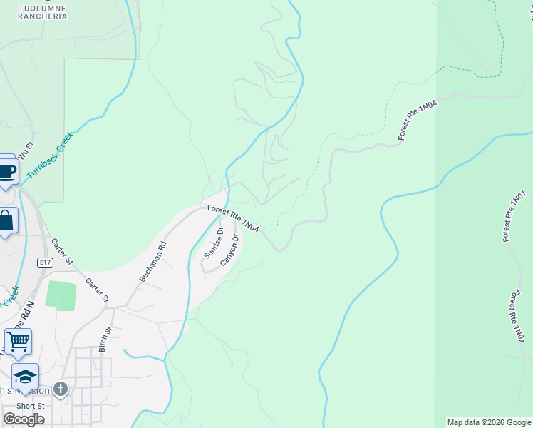 map of restaurants, bars, coffee shops, grocery stores, and more near 19339 Mira Monte Road in Tuolumne