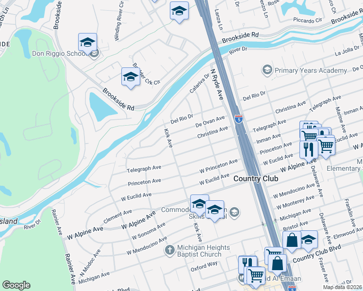 map of restaurants, bars, coffee shops, grocery stores, and more near 2925 Telegraph Avenue in Stockton