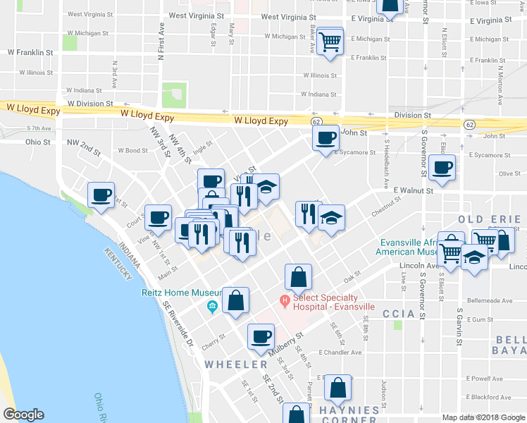 map of restaurants, bars, coffee shops, grocery stores, and more near 613 Main Street in Evansville