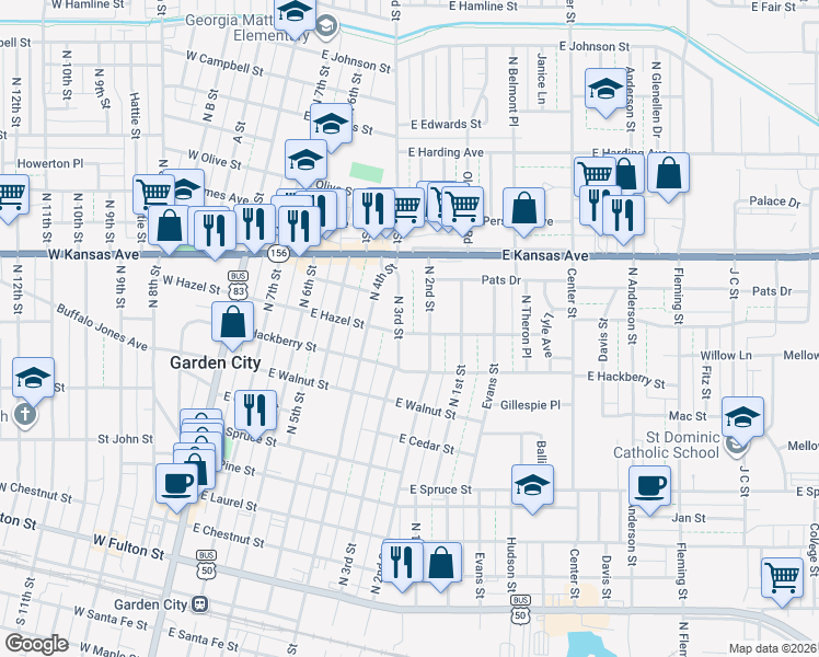 map of restaurants, bars, coffee shops, grocery stores, and more near 600-698 East Hazel Street in Garden City