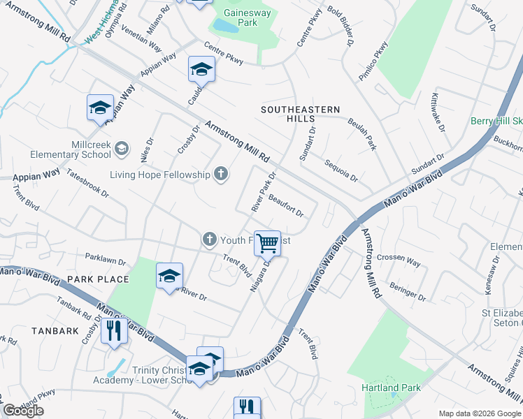 map of restaurants, bars, coffee shops, grocery stores, and more near 1544 Bal Harbor Court in Lexington