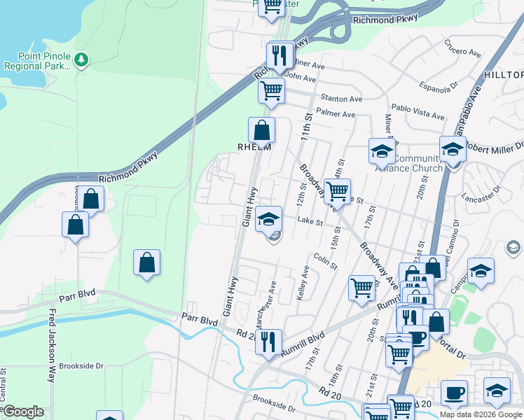map of restaurants, bars, coffee shops, grocery stores, and more near 1000 Lake Street in San Pablo