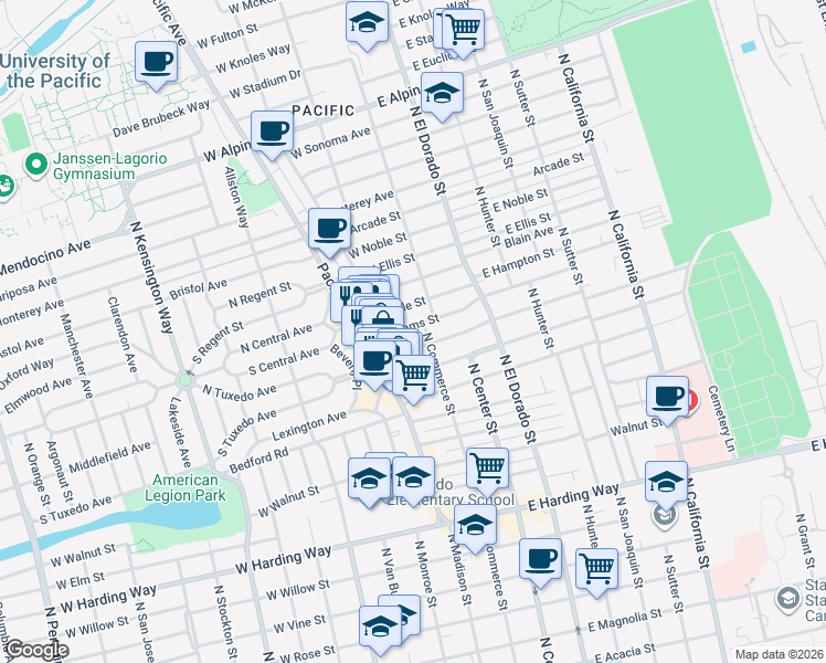 map of restaurants, bars, coffee shops, grocery stores, and more near 105 West Pine Street in Stockton