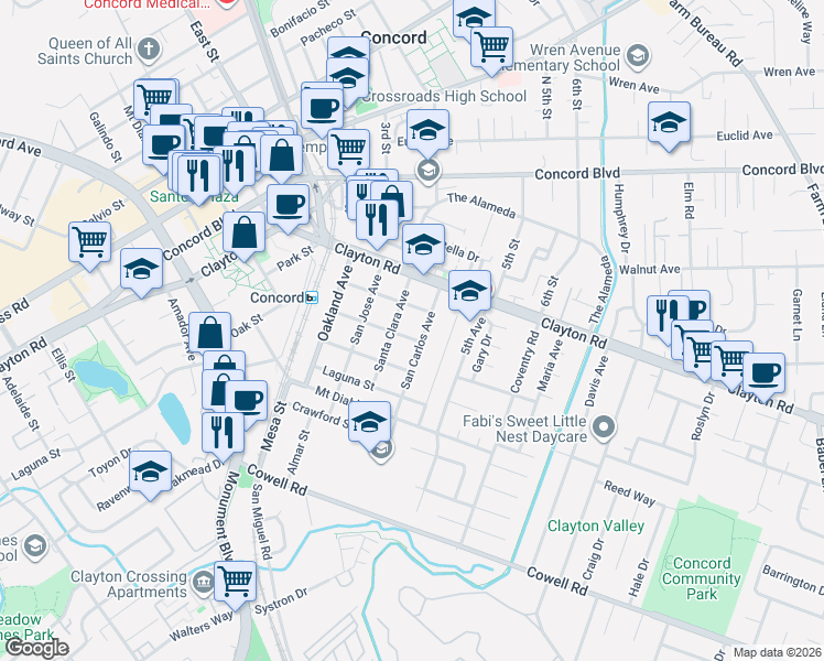 map of restaurants, bars, coffee shops, grocery stores, and more near 2999 Atlantic Street in Concord