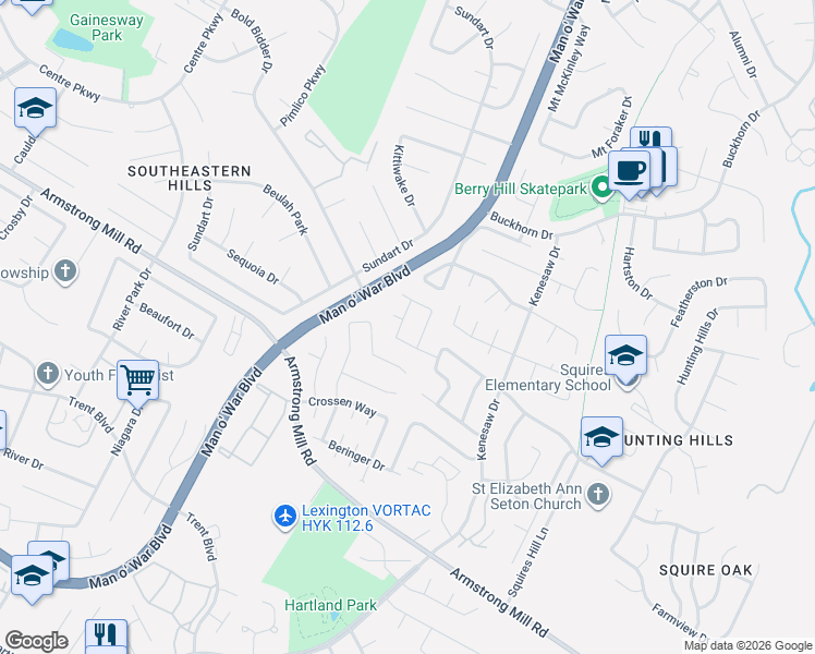 map of restaurants, bars, coffee shops, grocery stores, and more near 3424 Windyknoll Drive in Lexington