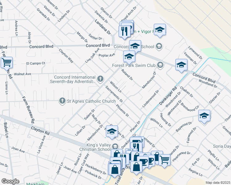 map of restaurants, bars, coffee shops, grocery stores, and more near 4045 Sacramento Street in Concord