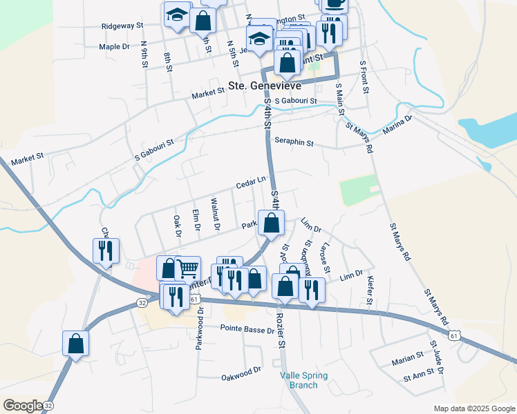 map of restaurants, bars, coffee shops, grocery stores, and more near 474 Rozier Street in Ste. Genevieve
