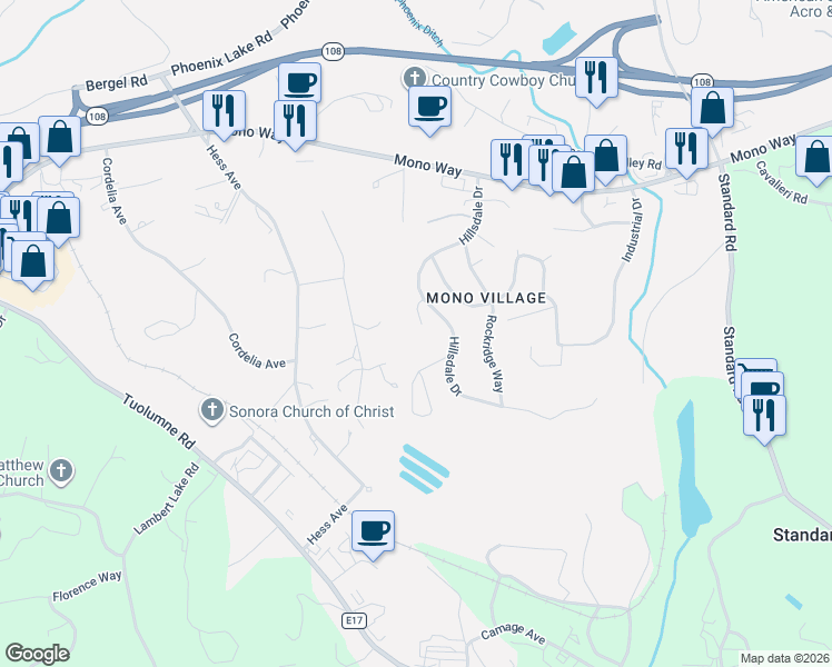map of restaurants, bars, coffee shops, grocery stores, and more near 19306 Grandview Court in Sonora