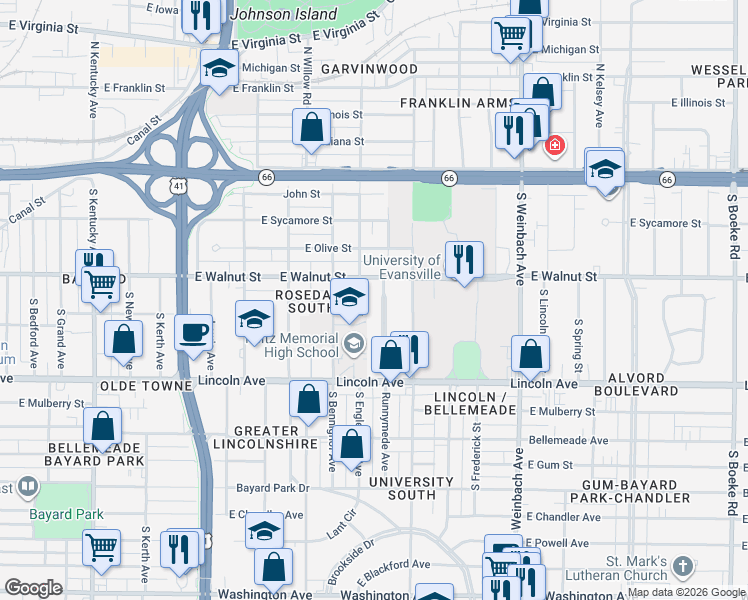 map of restaurants, bars, coffee shops, grocery stores, and more near 423 S Runnymeade Ave in Evansville