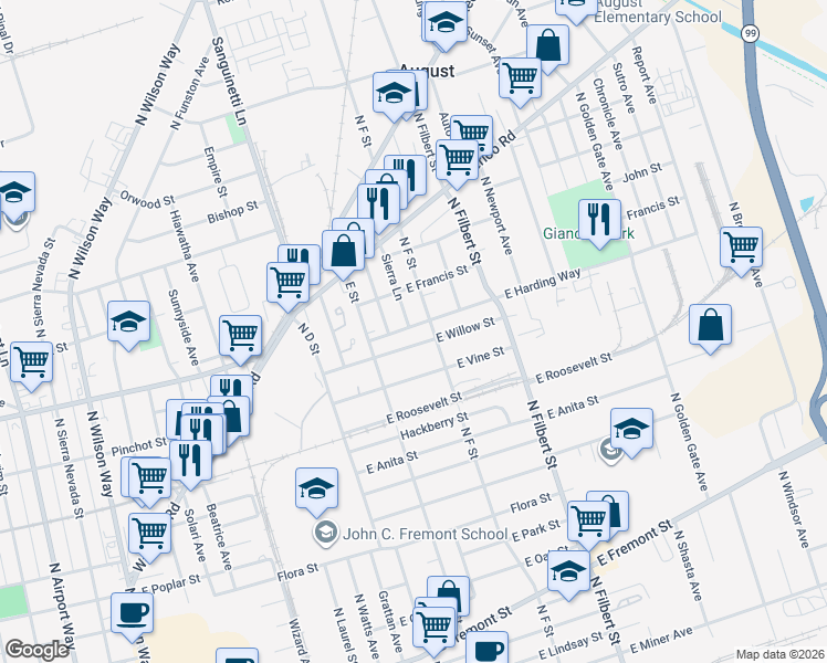 map of restaurants, bars, coffee shops, grocery stores, and more near 2375 East Willow Street in Stockton